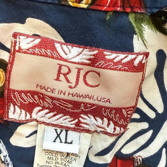 Vintage RJC Hawaiian Shirt Men's XL Navy Multi Floral Bus Vehicles Made in USA - Picture 7 of 10